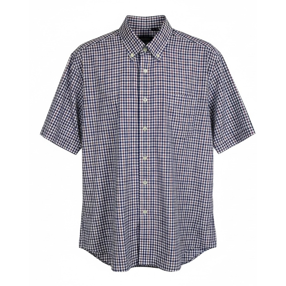 JOS A BANK Traveler Short Sleeve Button Down Shirt Blue Plaid Tailored Fit